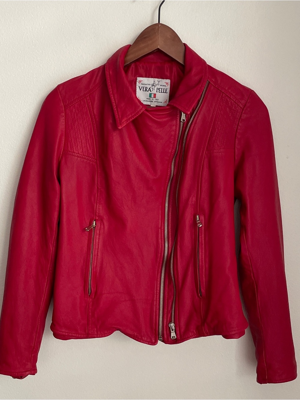Vera Pelle Leather Moto Jacket Womens Medium Red Genuine Leather Biker Italian - Picture 6 of 11